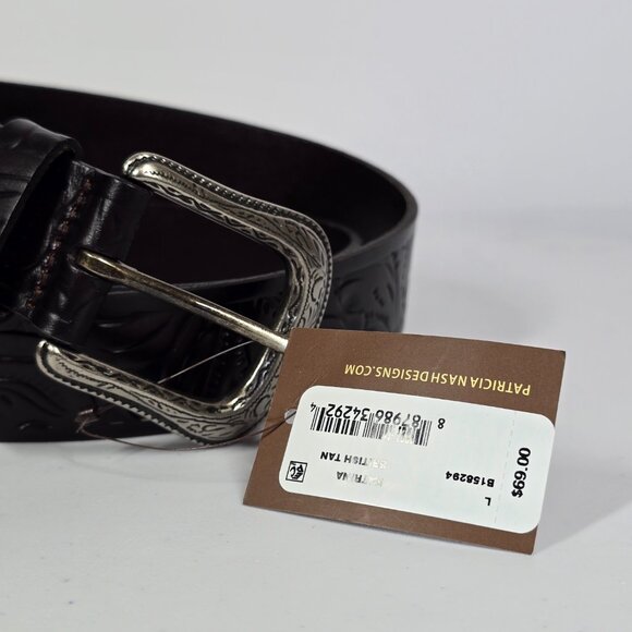 NWT Patricia Nash Floral Tooled Leather Belt L Brown Western Boho - Picture 3 of 5
